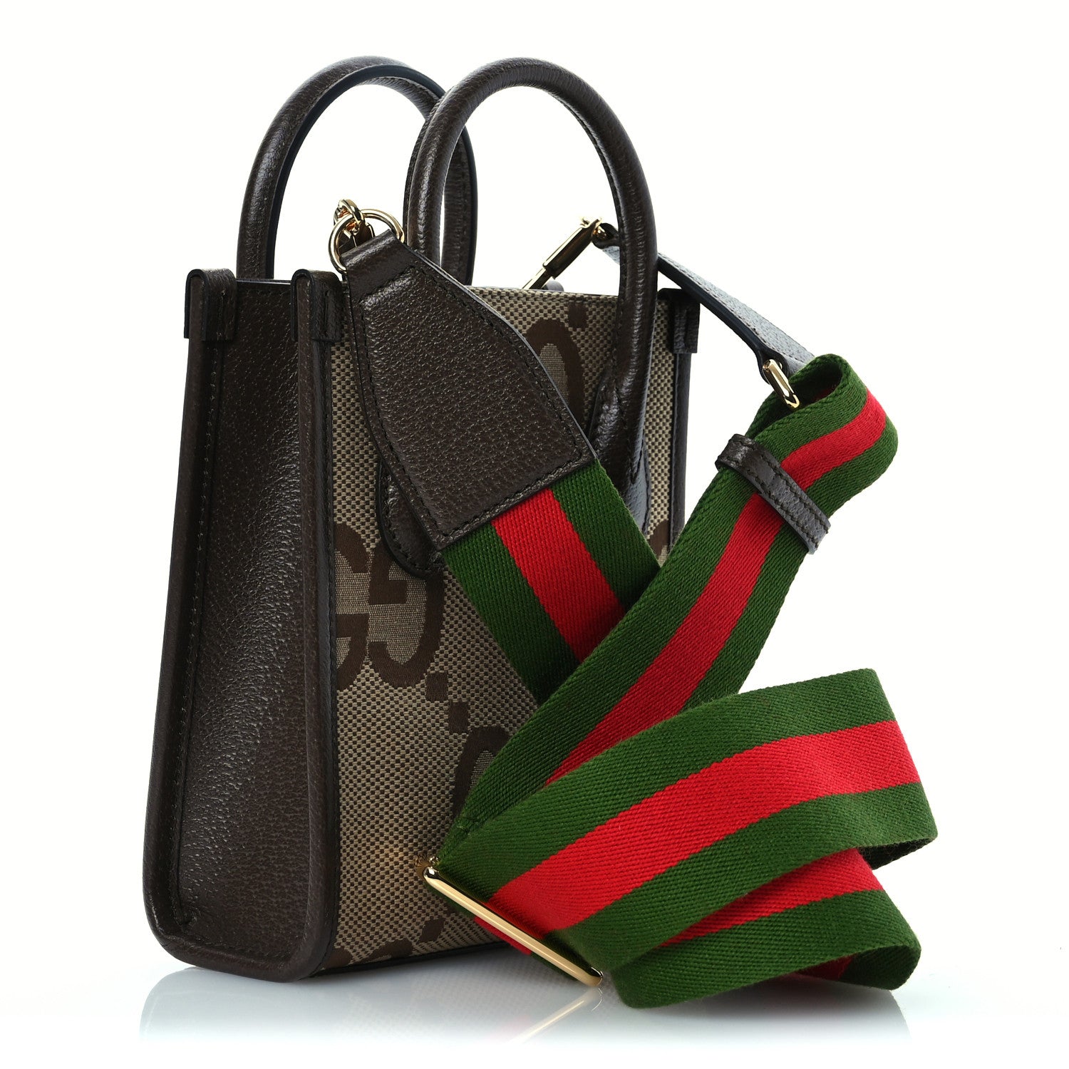 Gucci Monogram Jumbo GG Textured Dollar Calfskin Web Mini Vertical Tote Camel Ebony New Acero 3 of 10