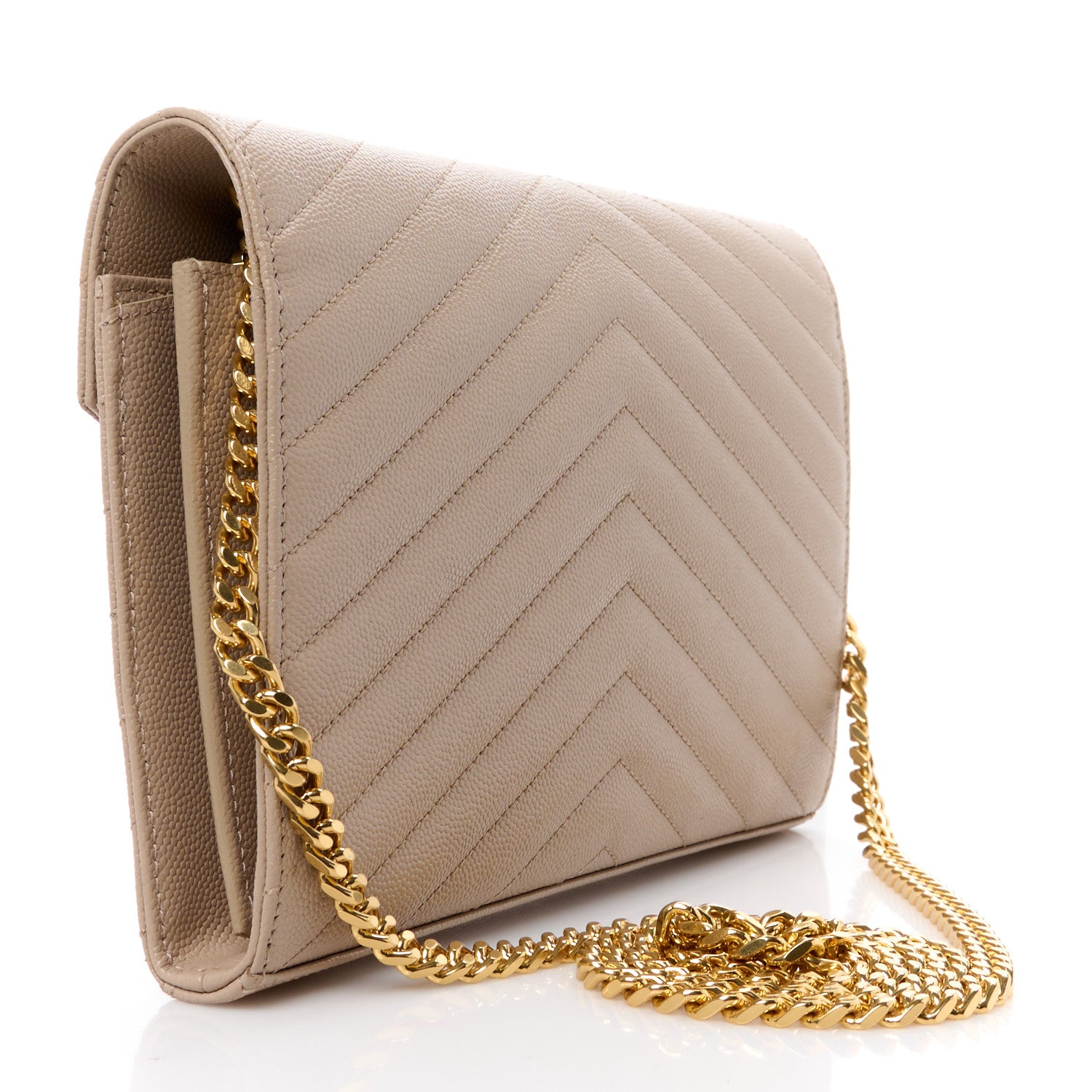 Saint Laurent Grain De Poudre Matelasse Chevron Monogram Chain Wallet Dark Beige 3 of 9