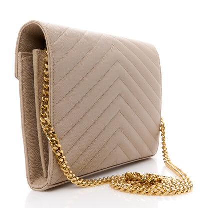 Saint Laurent Grain De Poudre Matelasse Chevron Monogram Chain Wallet Dark Beige 3 of 9