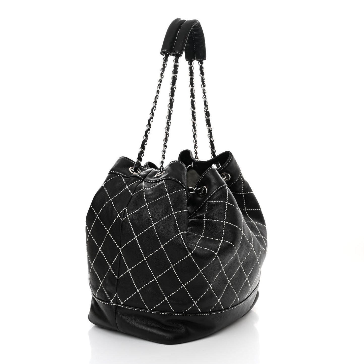 Calfskin Contrast Stitch Surpique Bucket Bag Black