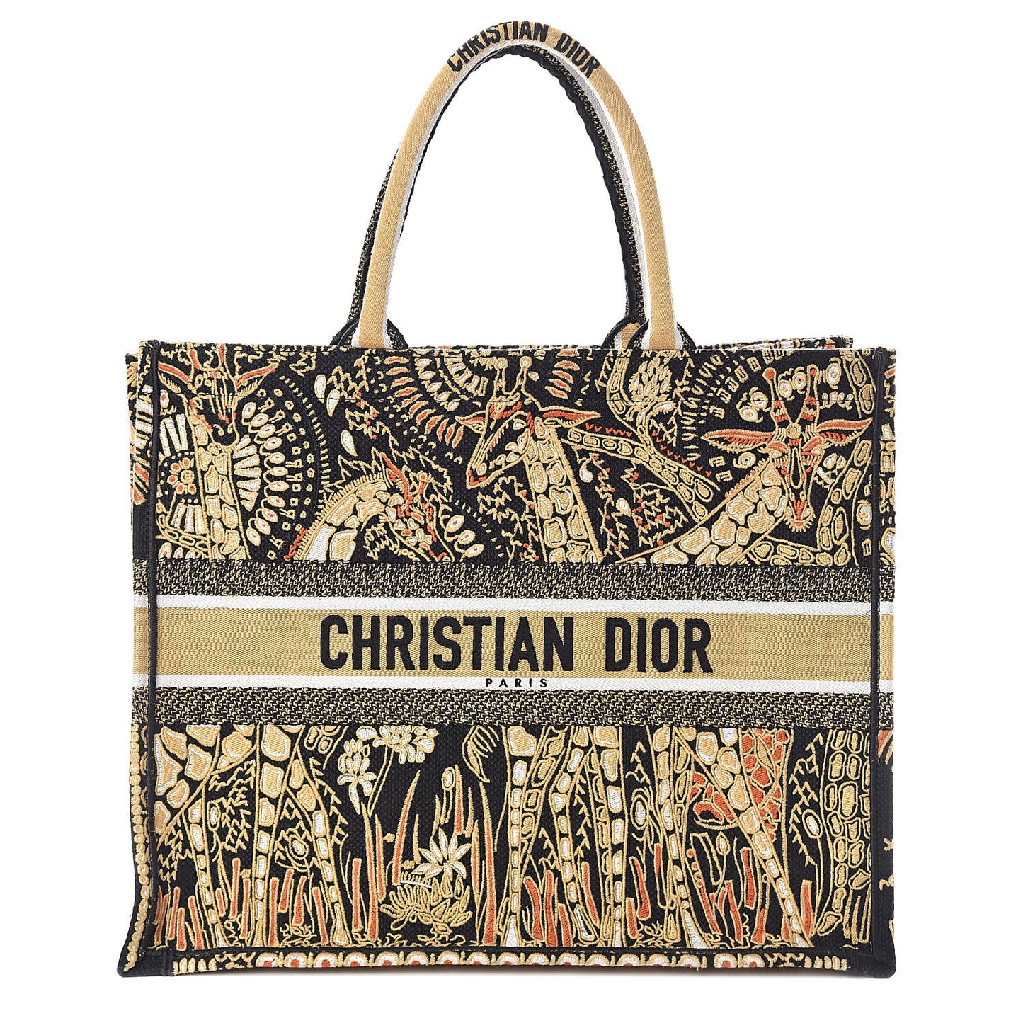 Canvas Embroidered Dior Animals Giraffe Book Tote Yellow Multicolor