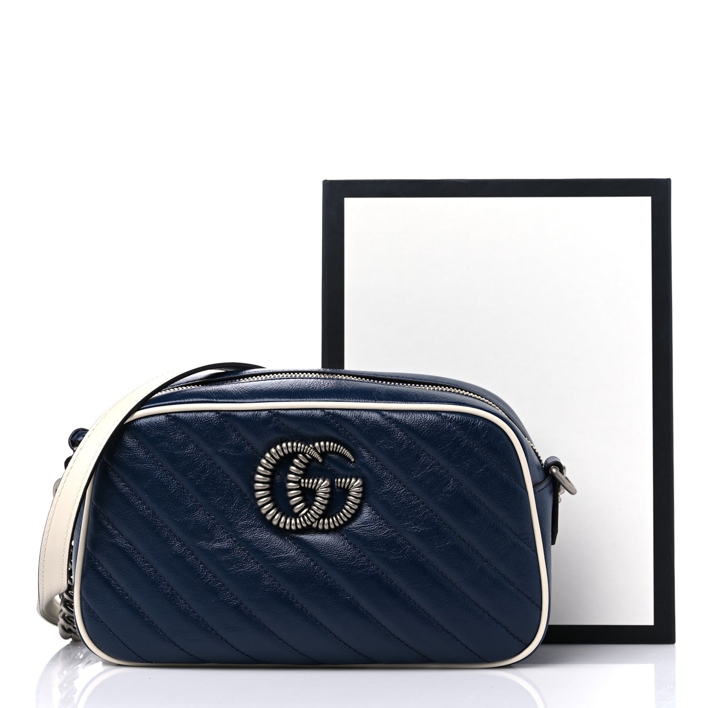 Vintage Effect Calfskin Matelasse Diagonal Small Torchon GG Marmont Chain Shoulder Bag Blue Agata Mystic White