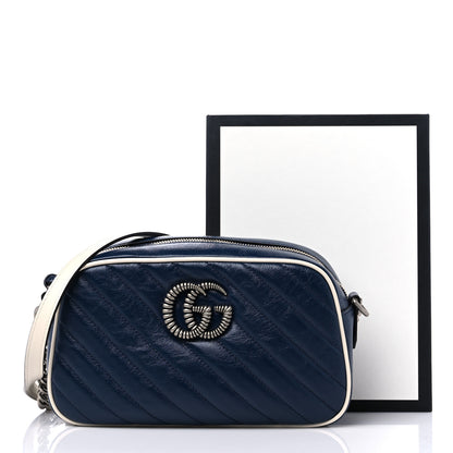 Gucci Vintage Effect Calfskin Matelasse Diagonal Small Torchon GG Marmont Chain Shoulder Bag Blue Agata Mystic White 12 of 12