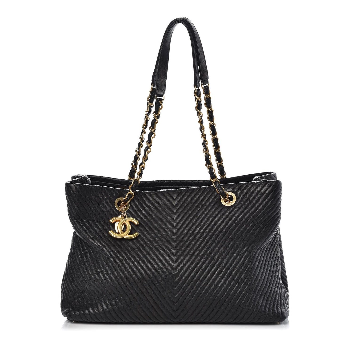 Wrinkled Lambskin Chevron Quilted Large Surpique Tote Black