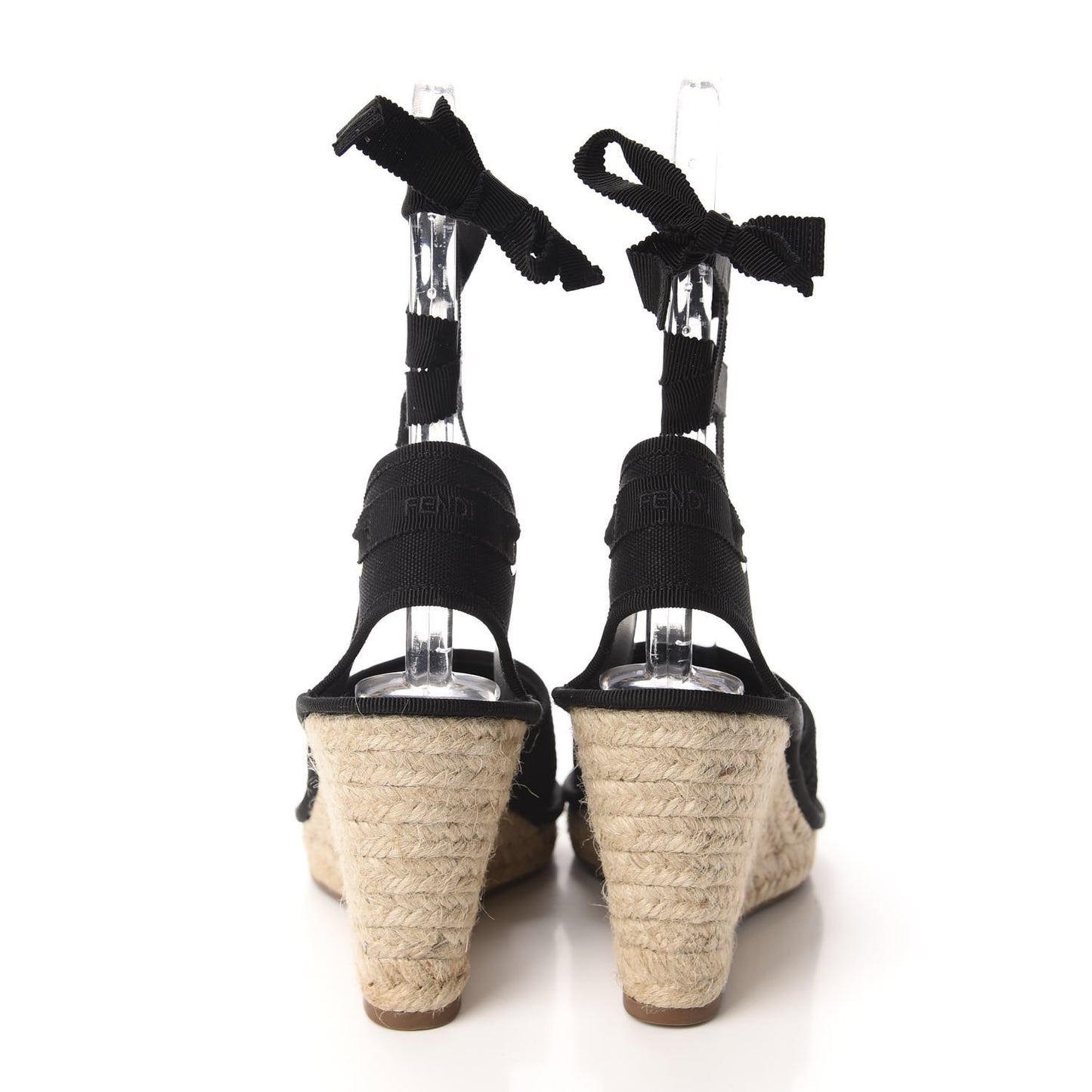 Canvas FF Embroidered Roma Ankle Wrap Espadrille Wedges 39 Black