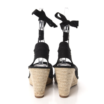Fendi Canvas FF Embroidered Roma Ankle Wrap Espadrille Wedges 39 Black 5 of 9
