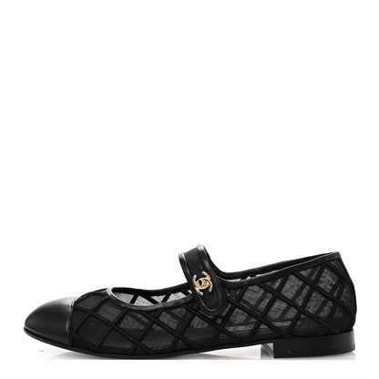 Chanel Lambskin Fabric Mesh Quilted Mary Jane Cap Toe Flats 40.5 Black 1 of 9