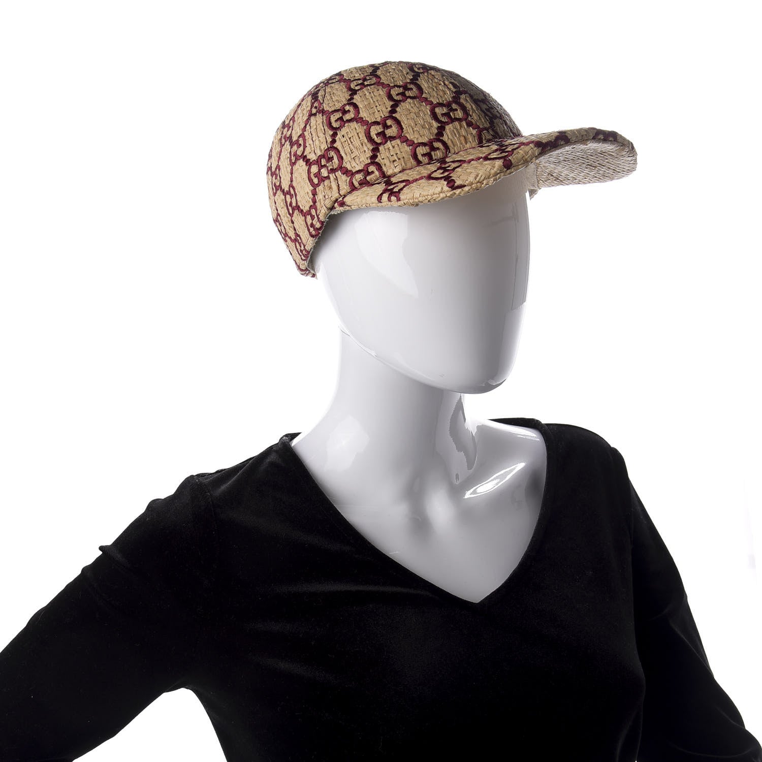Gucci Raffia GG Monogram Elaphe Embroidered Aisha Baseball Hat XL Ivory Bordeaux 2 of 7