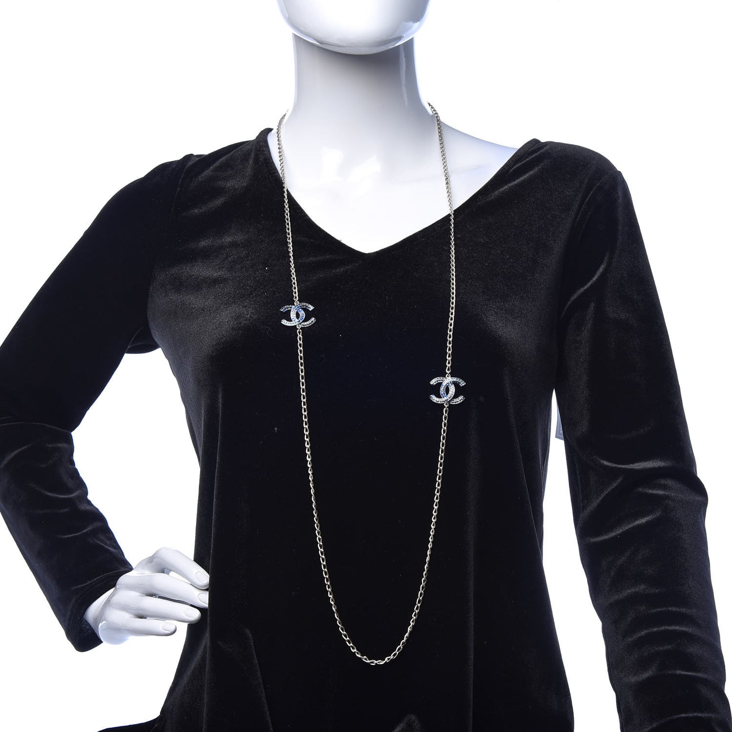 Crystal Baguette CC Double Strand Necklace Silver Blue