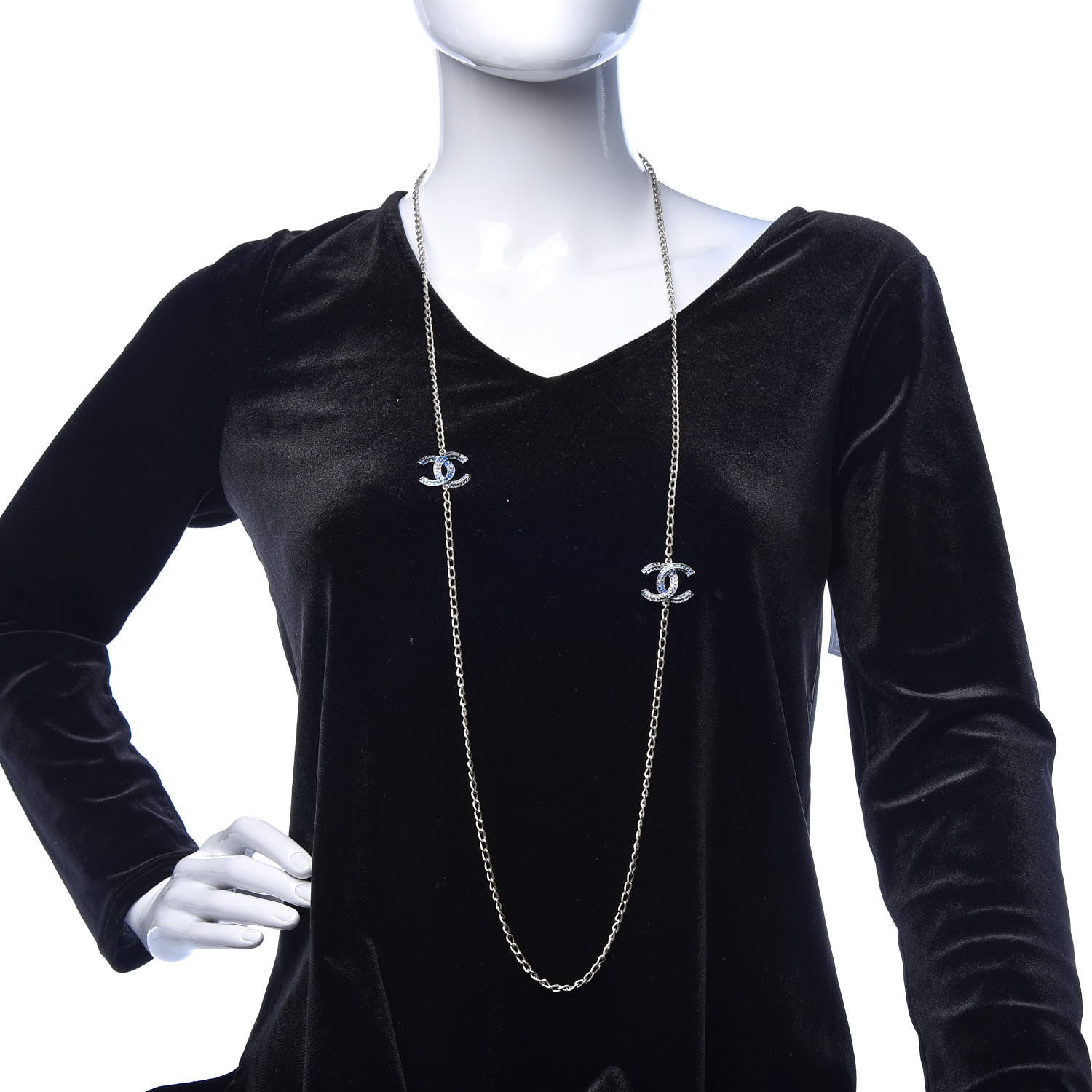 Chanel Crystal Baguette CC Double Strand Necklace Silver Blue 2 of 6