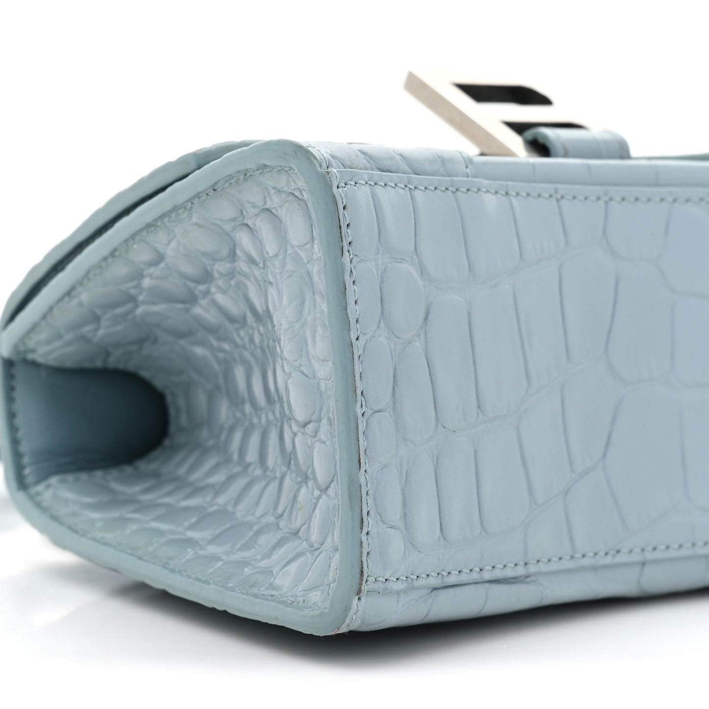 Shiny Calfskin Crocodile Embossed Hourglass Top Handle Bag XS Blue Grey