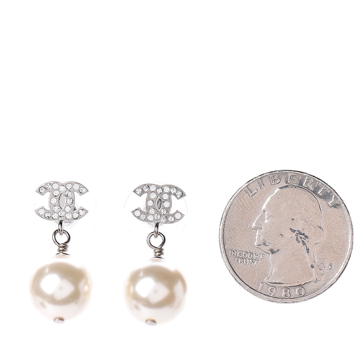 Crystal Pearl CC Drop Earrings Silver