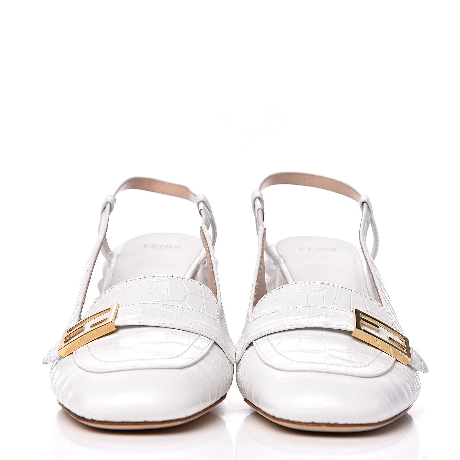 Fendi Calfskin Crocodile Embossed Promenade Slingback Loafer Pumps 38 White 2 of 8
