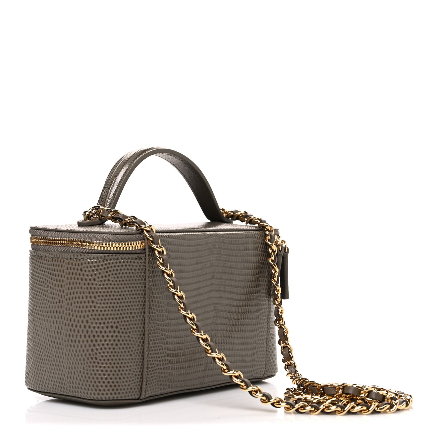 Calfskin Lizard Embossed Top Handle Vanity With Chain Dark Khaki