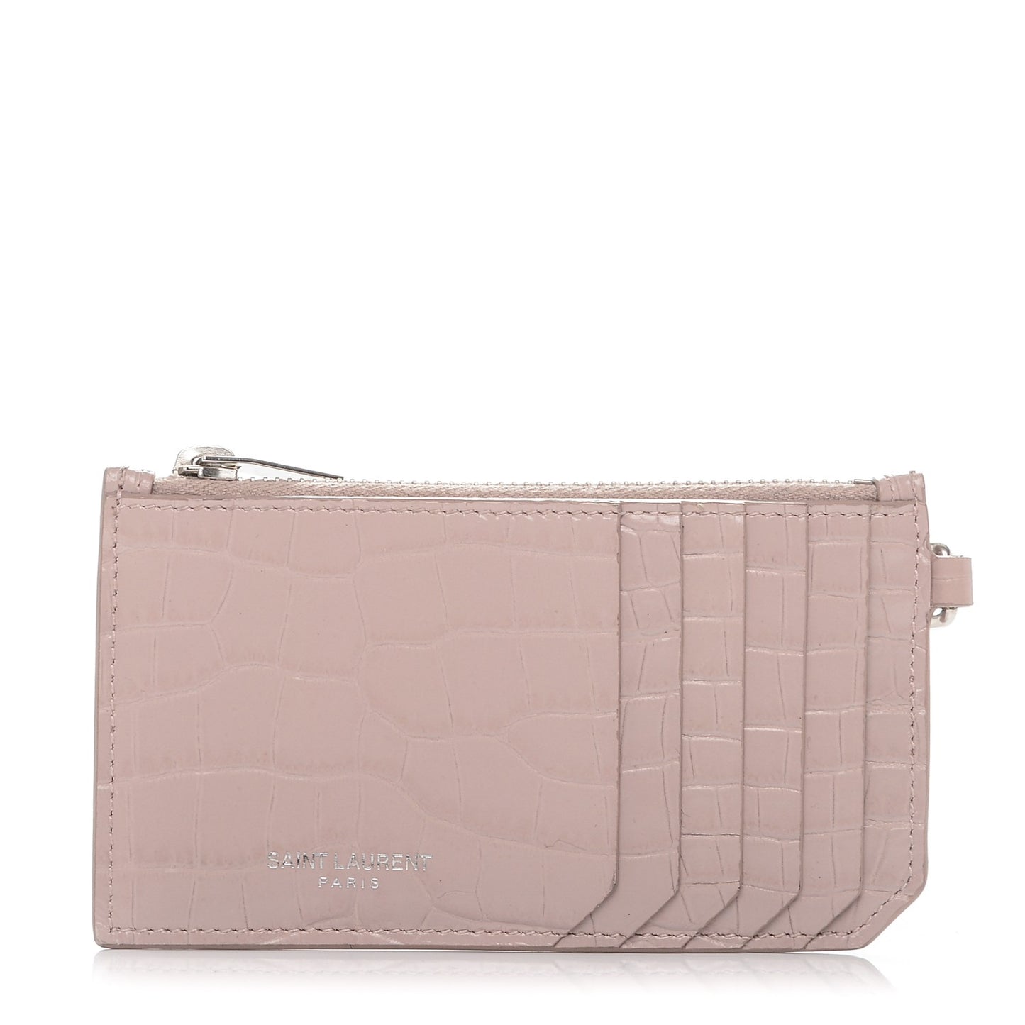 Calfskin Crocodile Embossed 5 Fragments Zip Pouch Card Holder Rose Antic