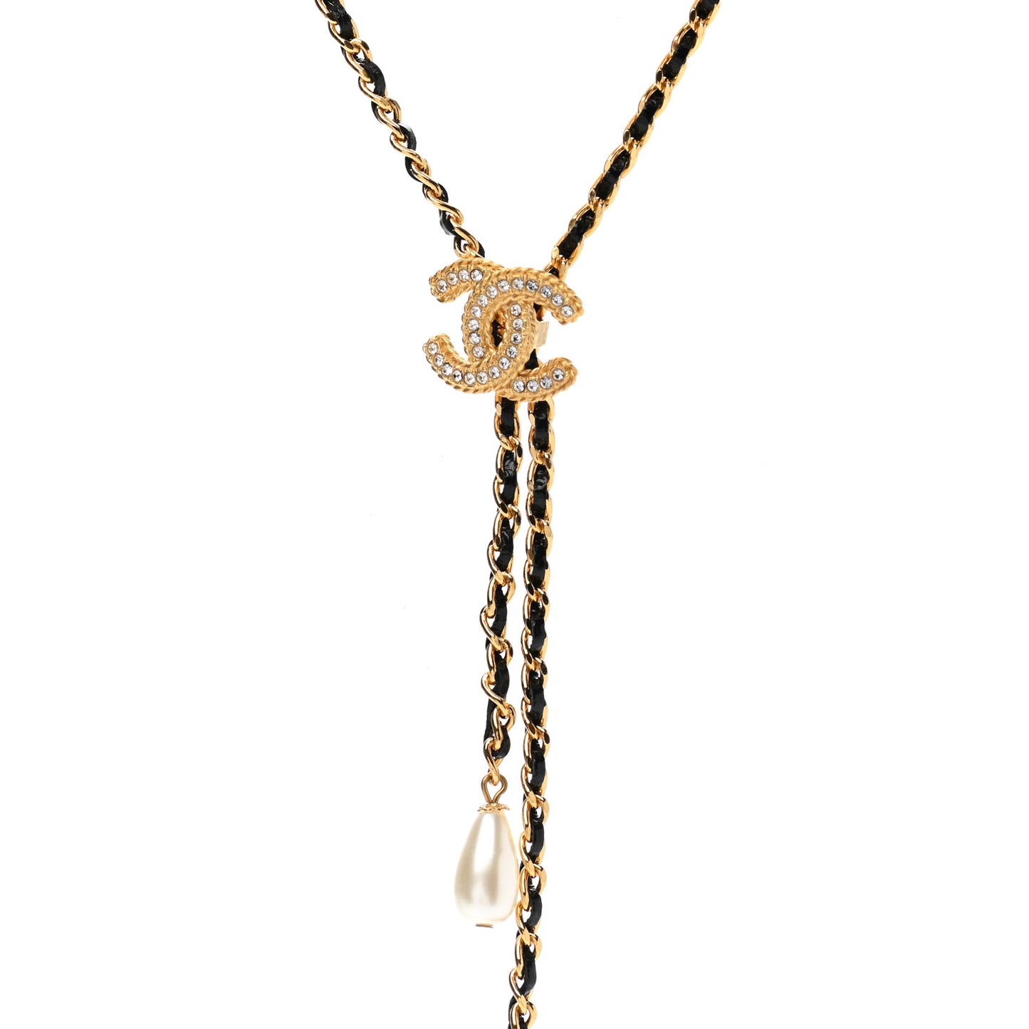 Lambskin Crystal Pearl Logo CC Double Strand Necklace Gold White Black