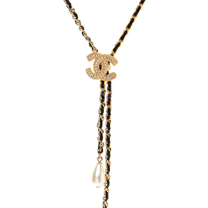 Chanel Lambskin Crystal Pearl Logo CC Double Strand Necklace Gold White Black 5 of 6