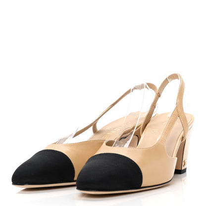 Chanel Goatskin Grosgrain Cap Toe CC Slingback Pumps 37.5 Beige Black 3 of 10