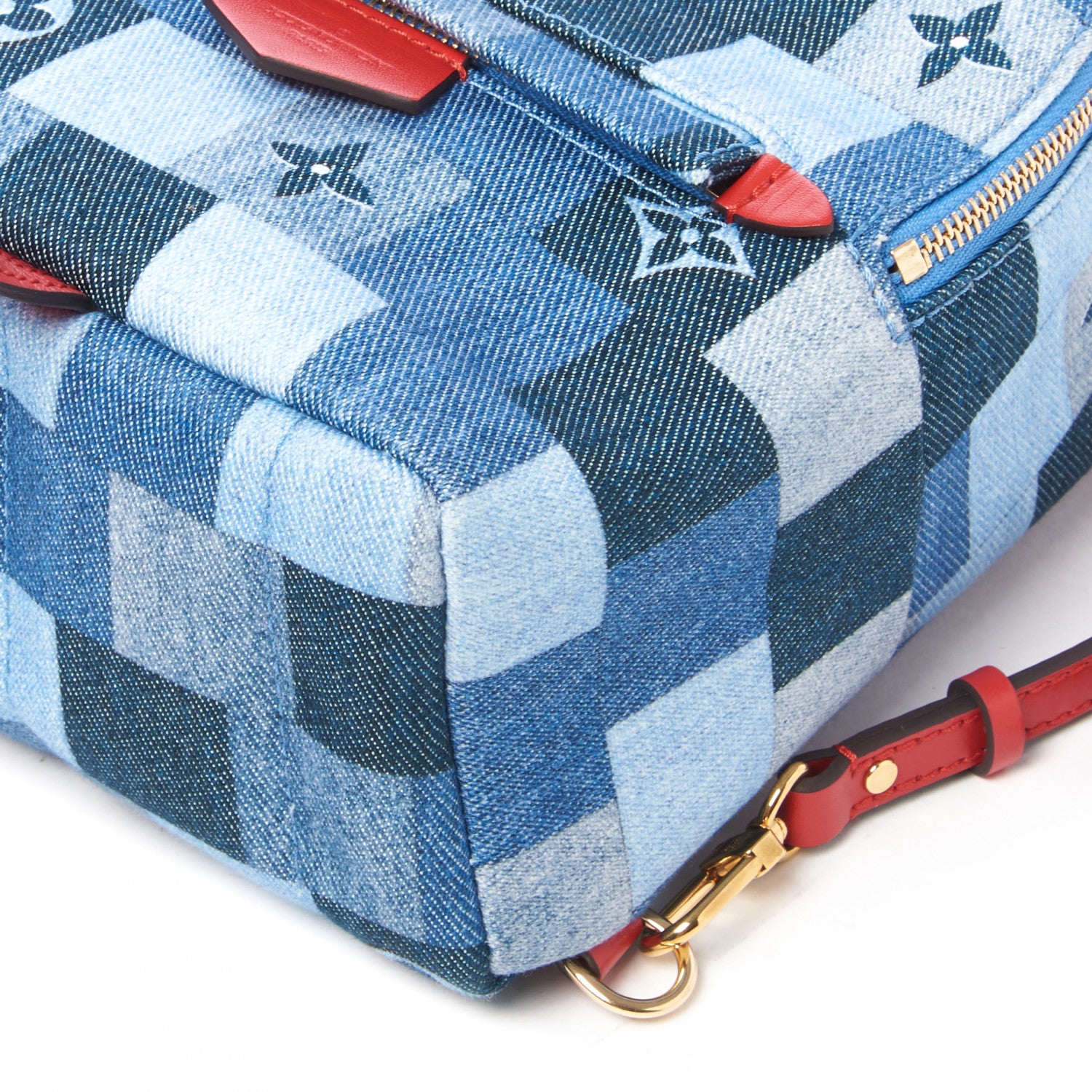 Louis Vuitton Denim Damier Monogram Patchwork Palm Springs Backpack Mini Blue Rouge 4 of 9