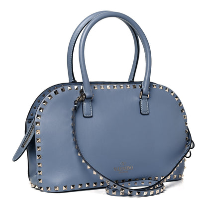 Valentino Garavani Vitello Rockstud Double Handle Satchel Grey Blue 3 of 9