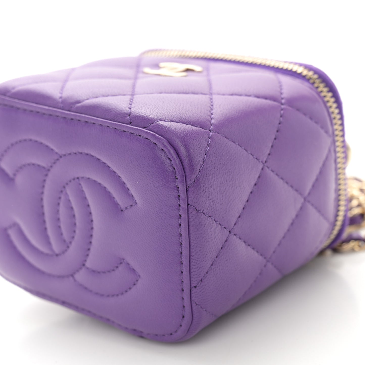 Lambskin Quilted Top Handle Mini Vanity Case With Chain Purple