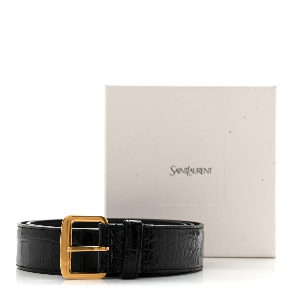 Saint Laurent Calfskin Crocodile Embossed Monogram Square Buckle Belt 80 32 Black 8 of 8