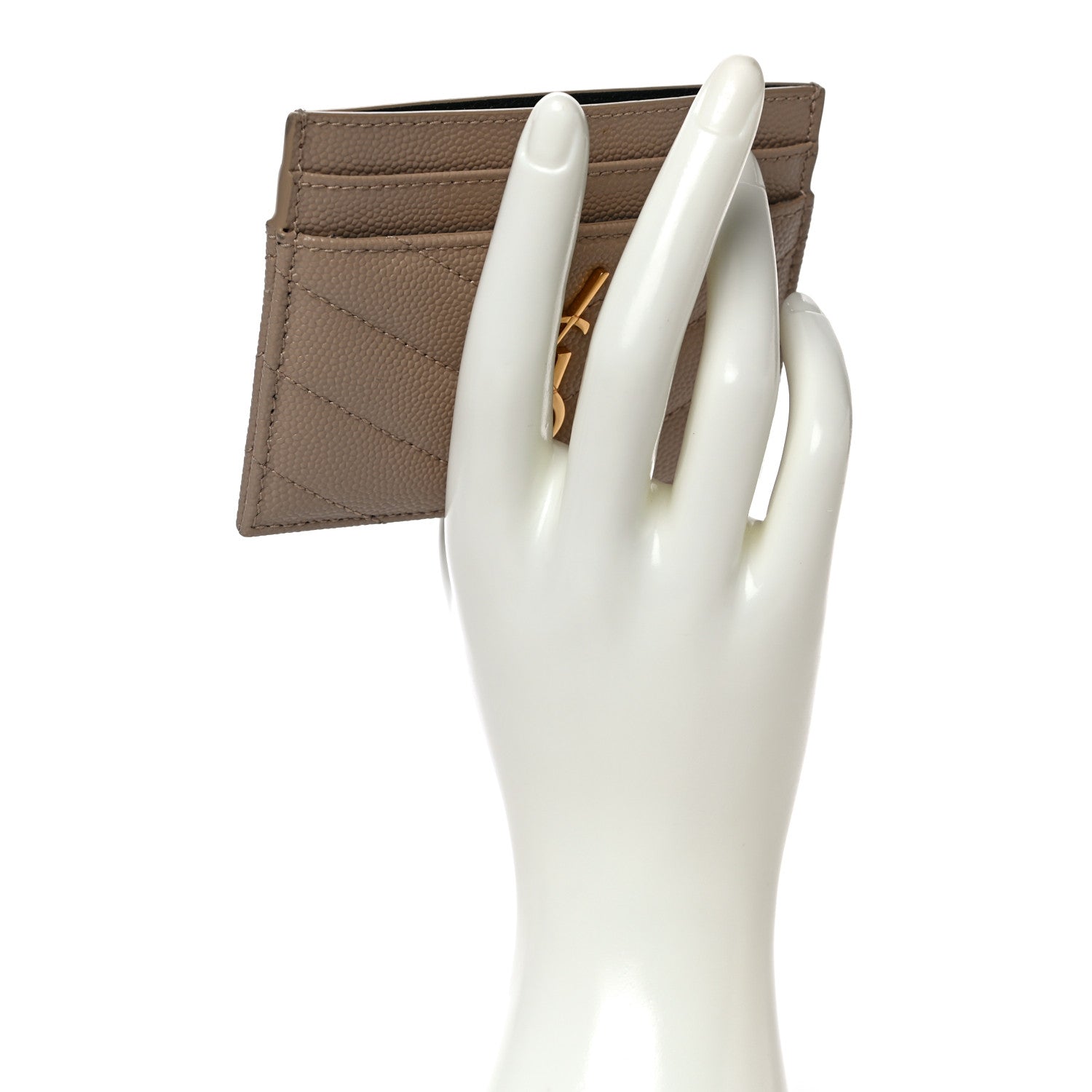 Saint Laurent Grain De Poudre Matelasse Chevron Monogram Credit Card Case Dark Beige 2 of 10