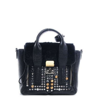 3.1 Phillip Lim 3.1 Calfskin Fur Mini Studded Satchel Black 1 of 10