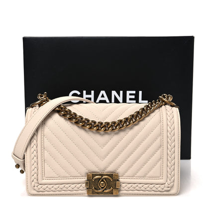Chanel Caviar Chevron Quilted Braided Medium Boy Flap Beige 10 of 10