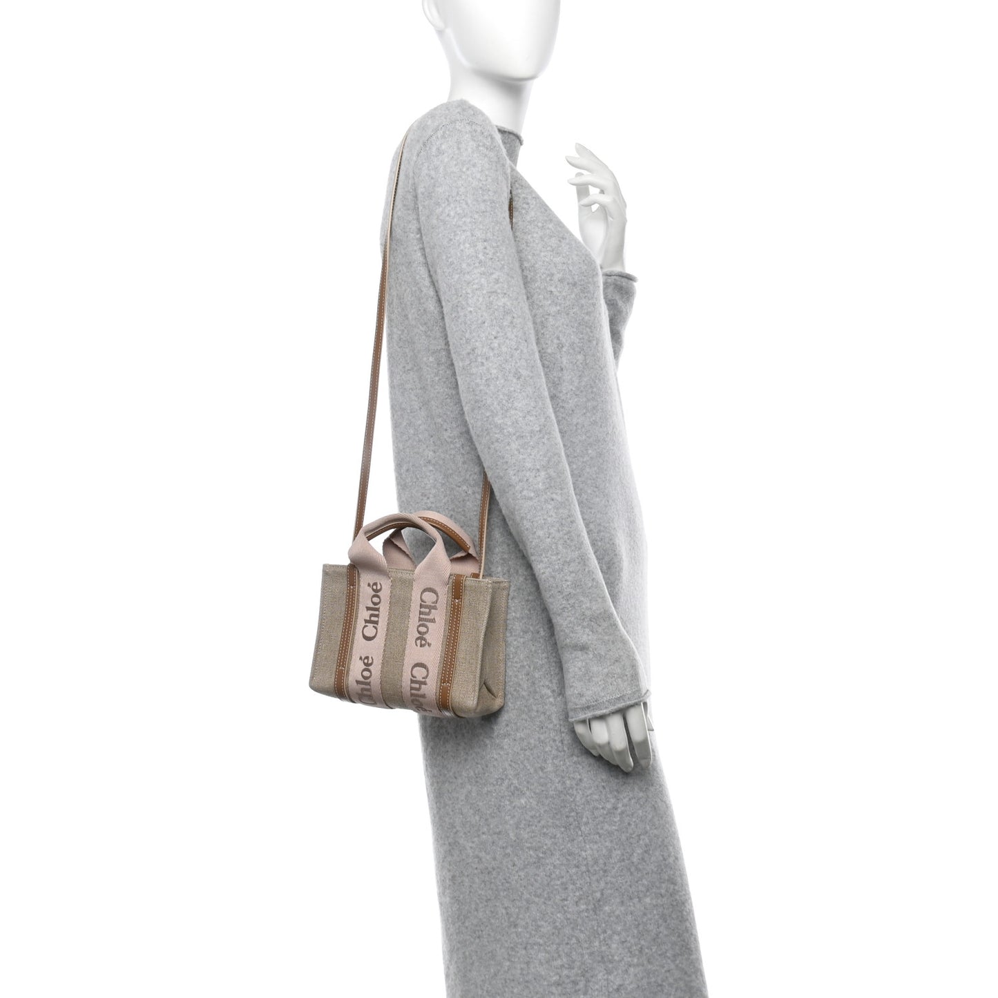 Linen Calfskin Mini Woody Ribbon Tote With Strap Blushy Beige