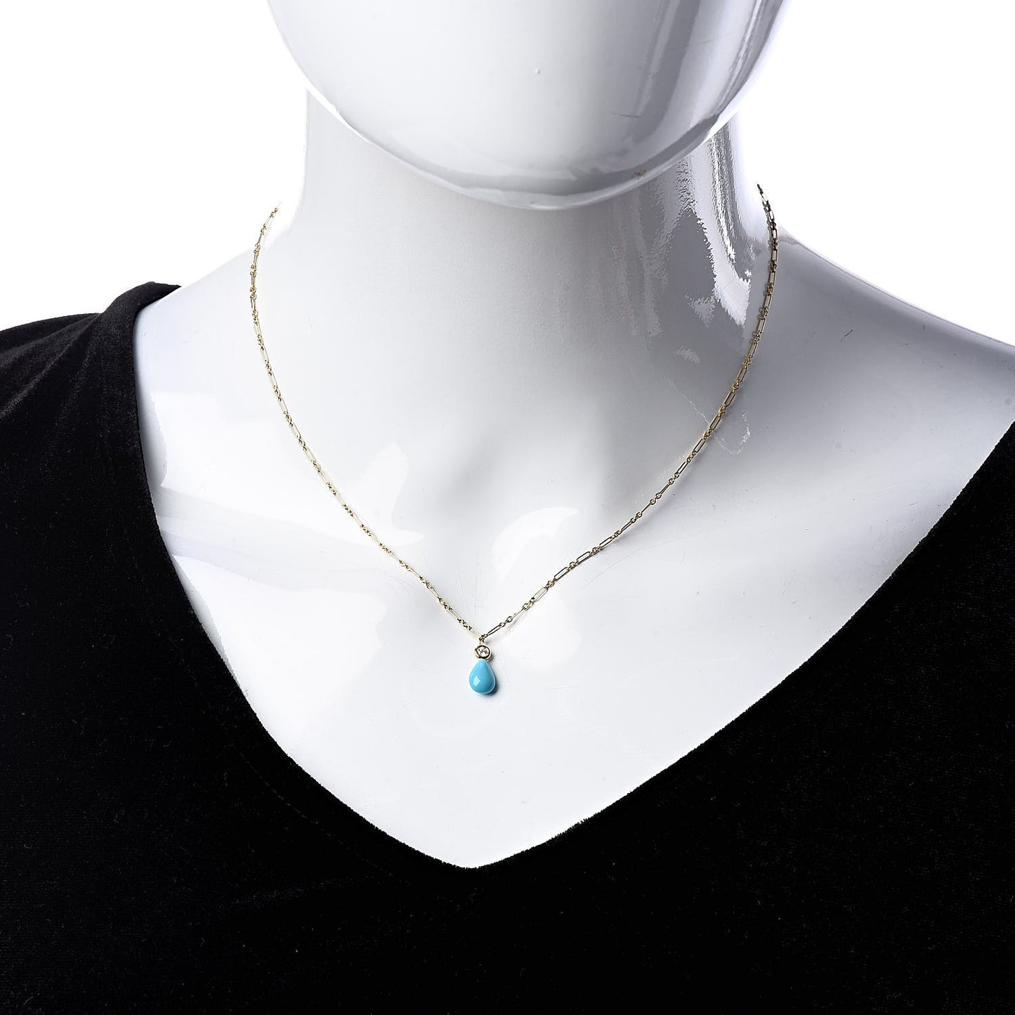 18K Yellow Gold Diamond Turquoise Drop Pendant Necklace