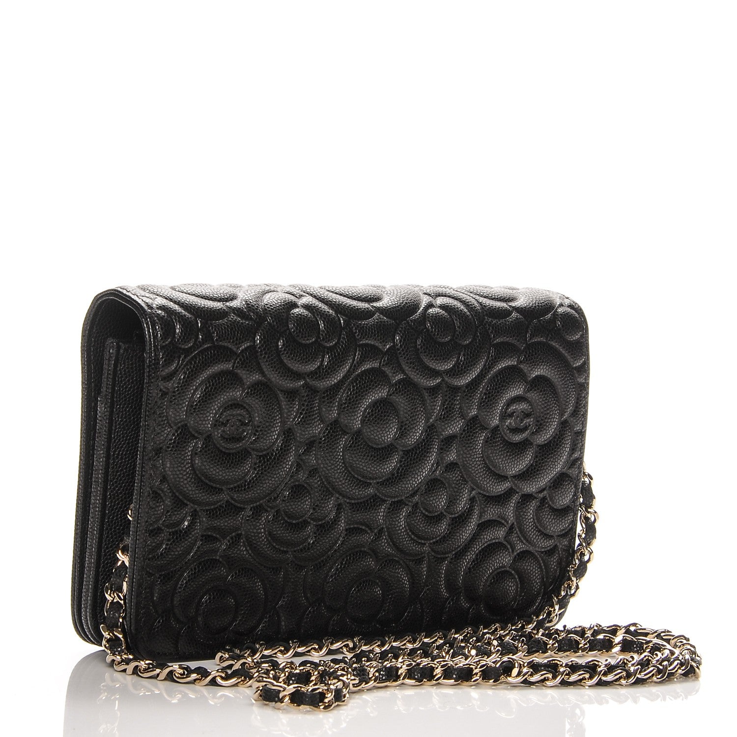 Chanel Caviar Camellia Embossed Wallet On Chain WOC Black 3 of 8