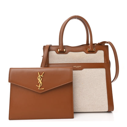 Saint Laurent Canvas Calfskin Small Uptown Tote Brown 3 of 12
