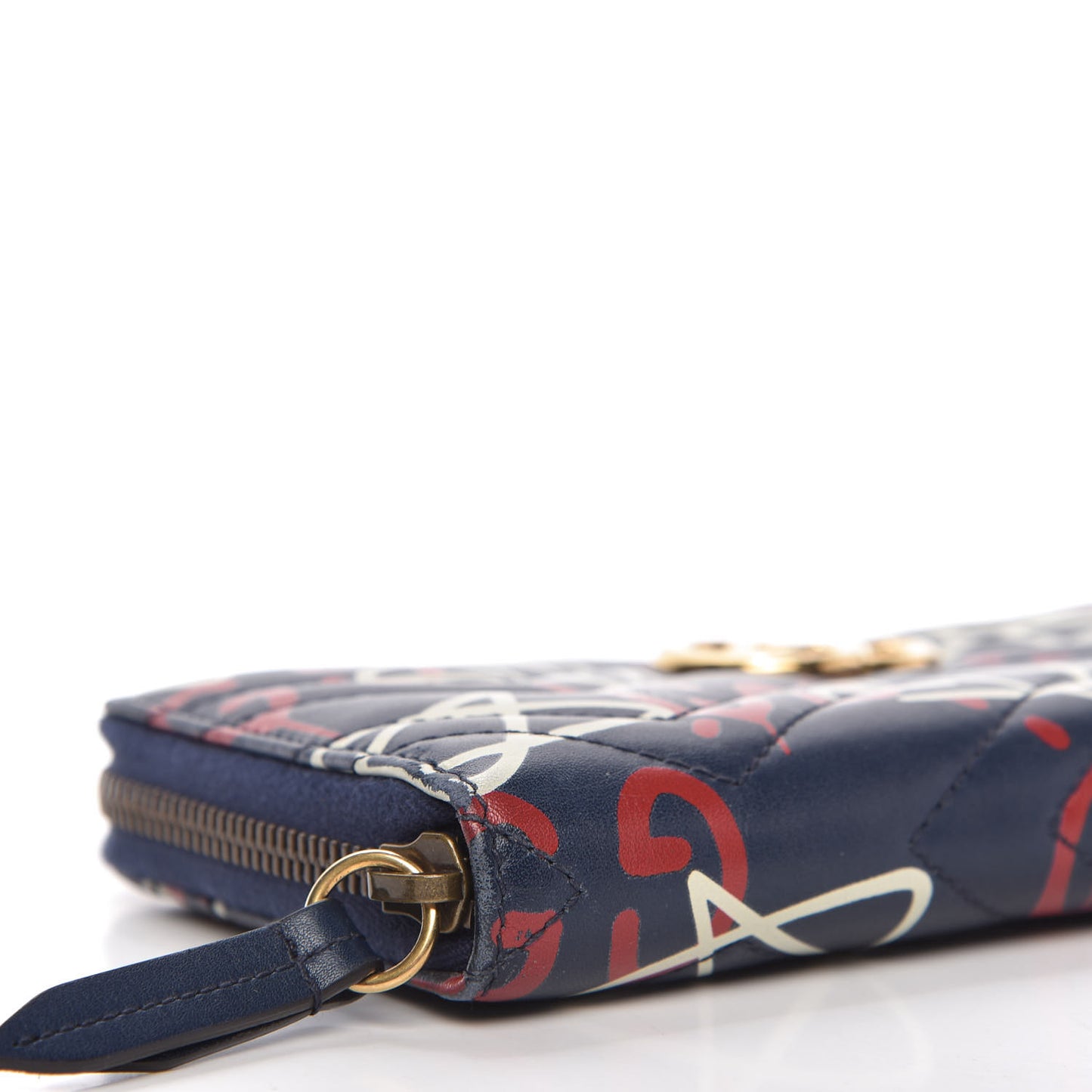 Calfskin Matelasse GucciGhost GG Marmont Zip Around Wallet Blue Agata Hibiscus Red