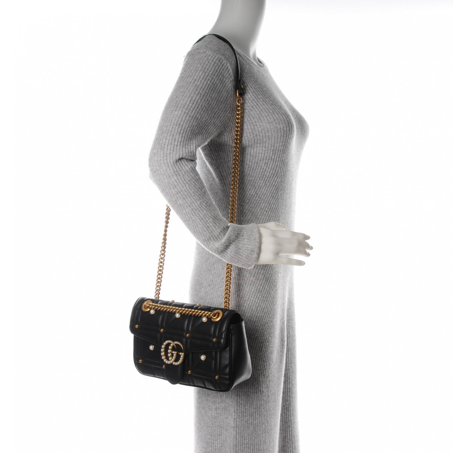 Gucci Calfskin Matelasse Studded Small Pearly GG Marmont Shoulder Bag Black 2 of 7