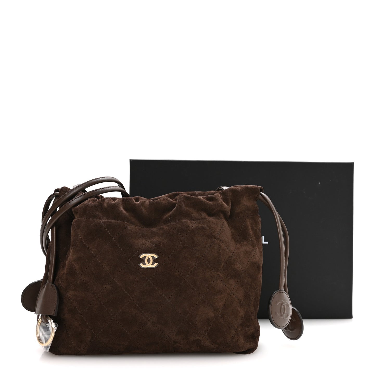 Suede Quilted Drawstring Clutch With Strap Brown