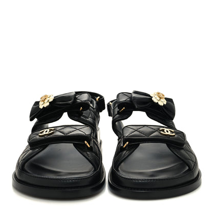 Chanel Lambskin Velcro CC Crystal Pearl Bow Dad Sandals 41.5 Black 2 of 9