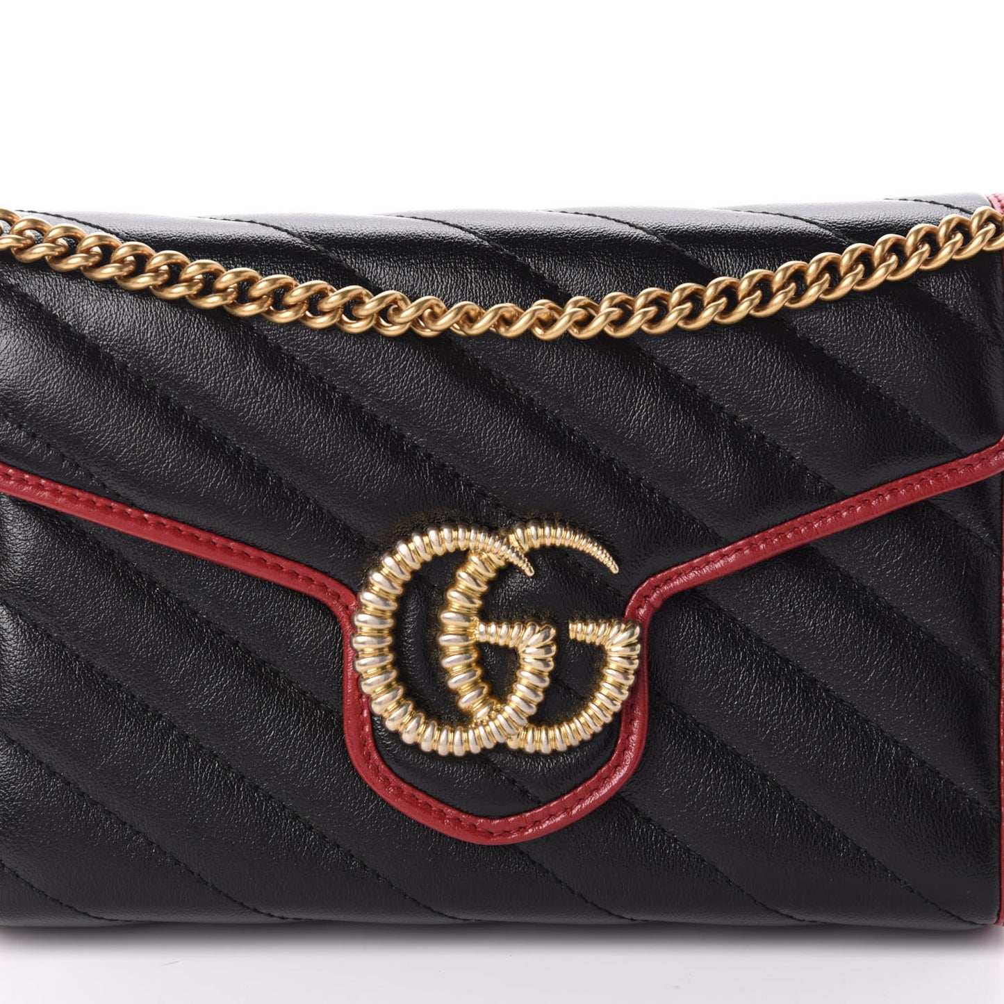 Vintage Effect Calfskin Matelasse Diagonal Torchon GG Marmont Chain Wallet Black Romantic Cherry
