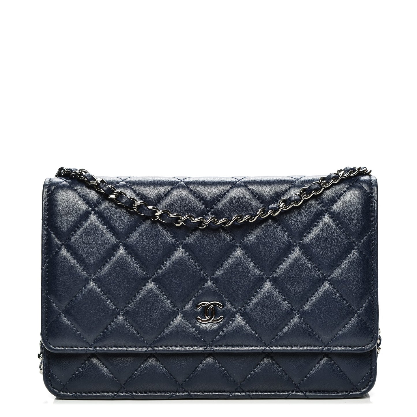 Lambskin Quilted Wallet On Chain WOC Navy Blue