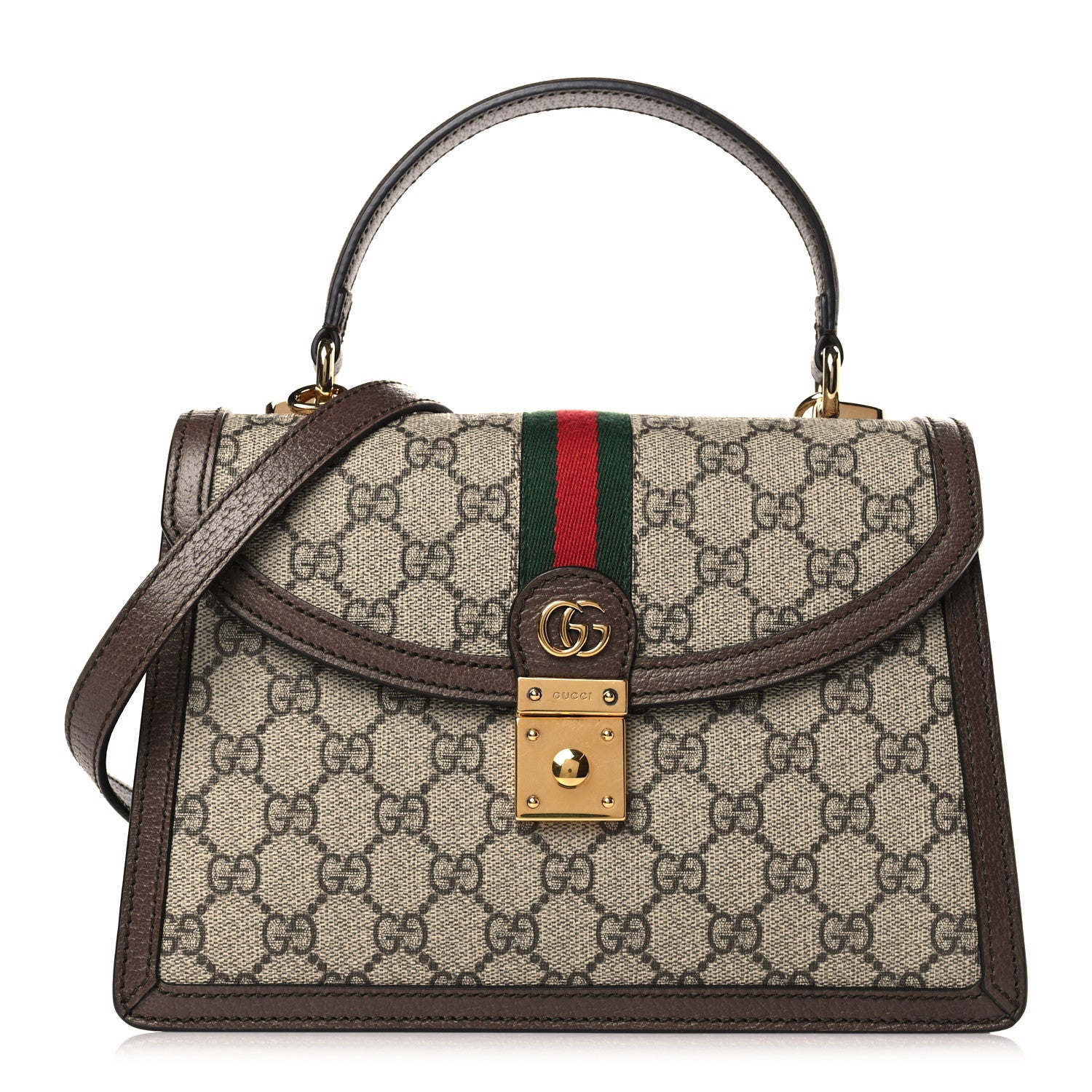 Gucci GG Supreme Monogram Textured Dollar Calfskin Web Small Ophidia Padlock Top Handle Bag Beige Ebony New Acero 1 of 9