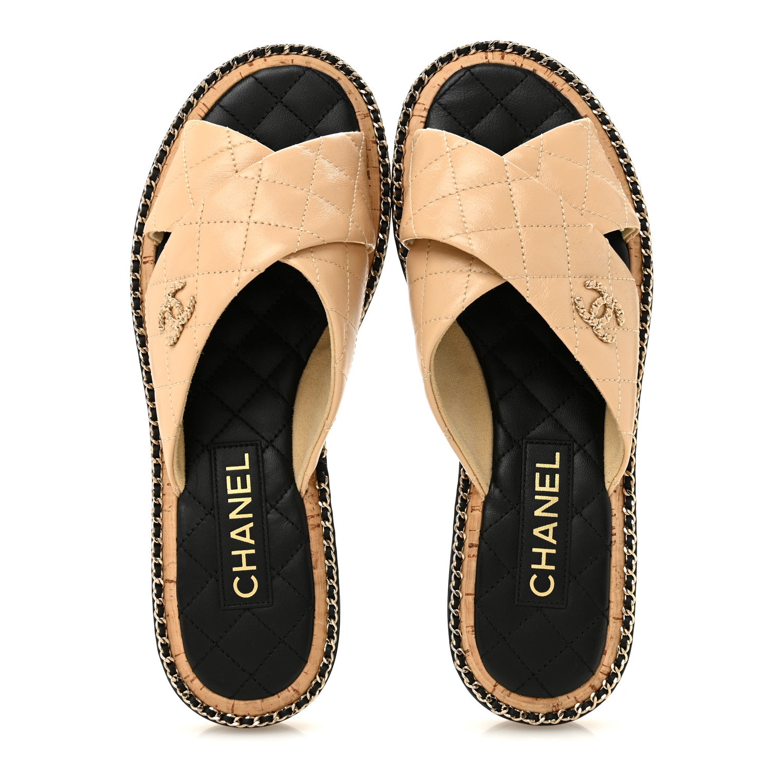 Chanel Shiny Lambskin Quilted Metal Chain CC Sandals 36.5 Beige 2 of 10