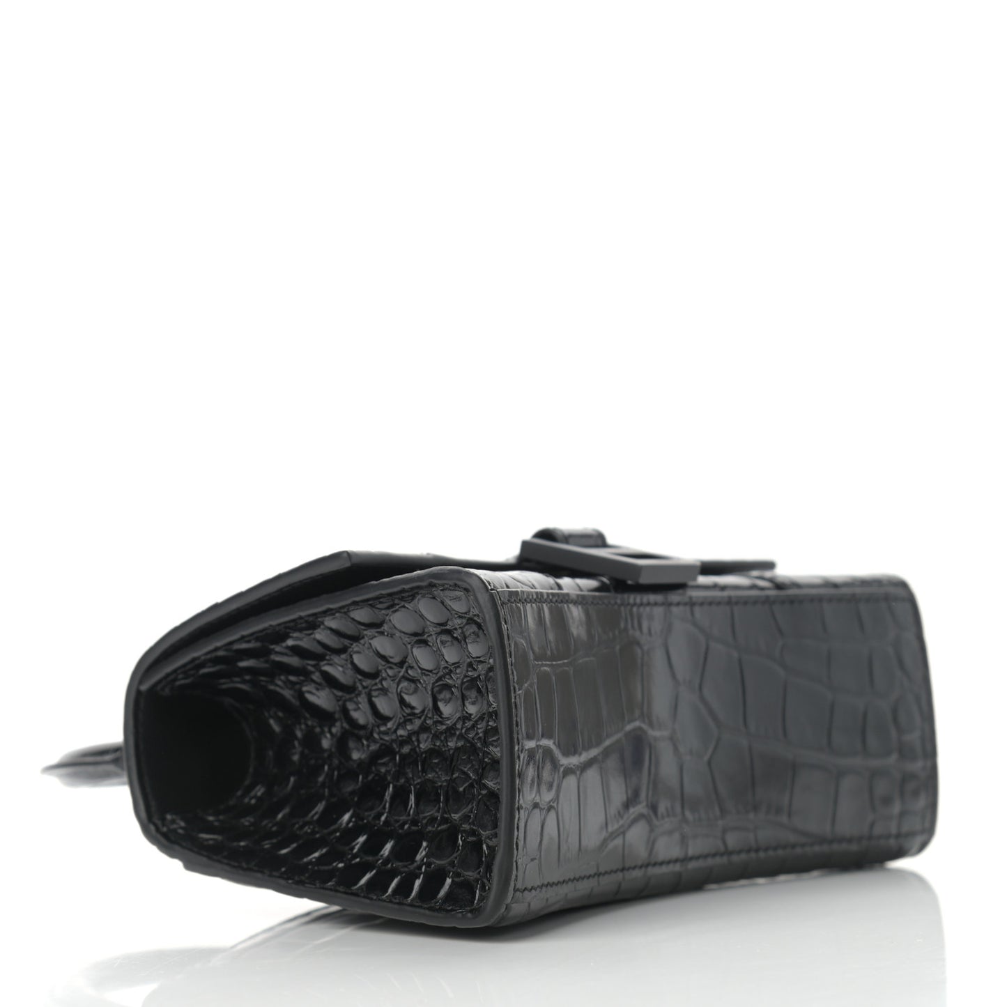 Shiny Calfskin Monochrome Crocodile Embossed Hourglass Top Handle Bag XS Black