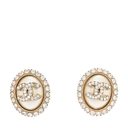 Chanel Crystal Enamel CC Round Earrings Light Gold White 1 of 5