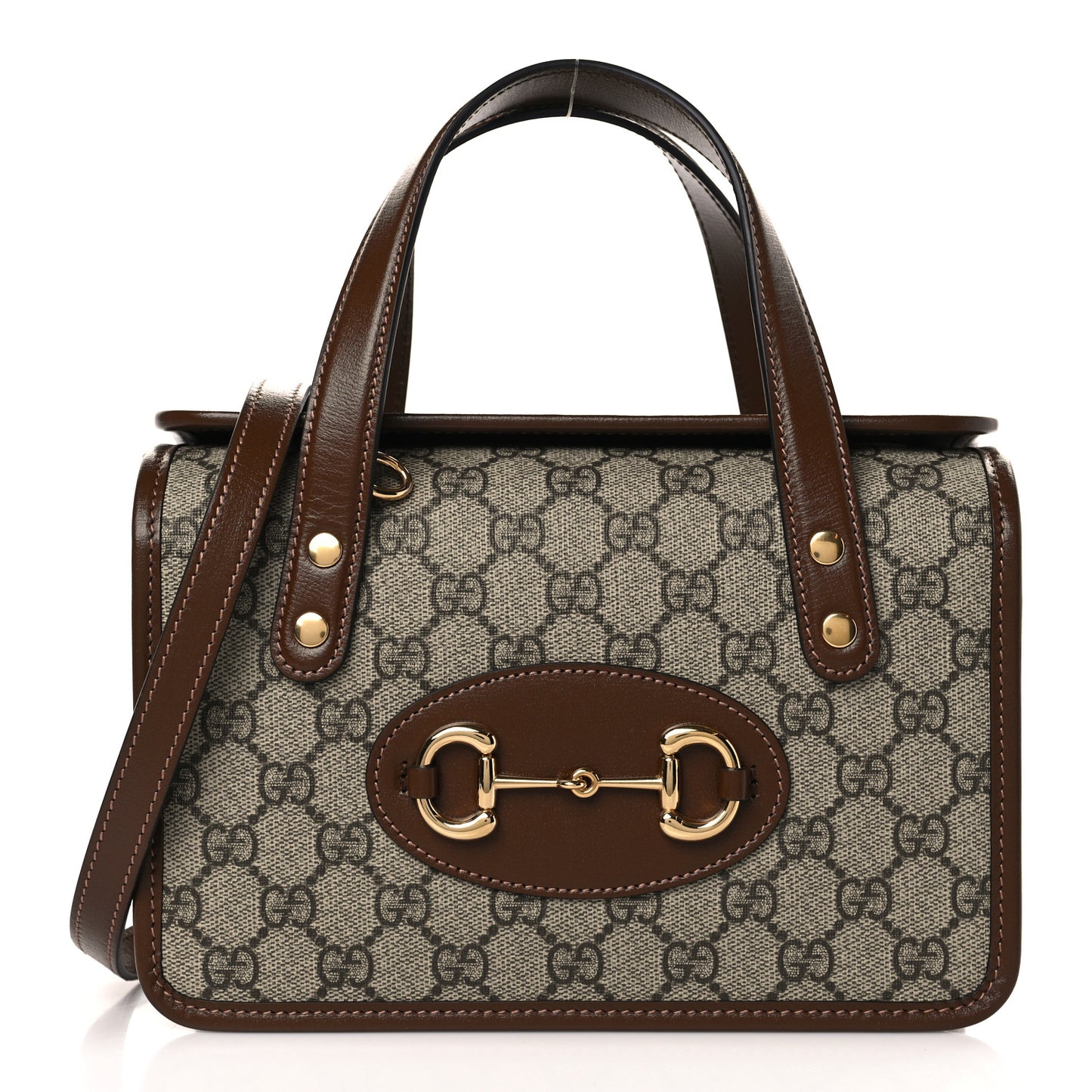 GG Supreme Monogram Azalea Calfskin Mini Horsebit 1955 Foldover Top Handle Bag Beige Ebony Brown Sugar