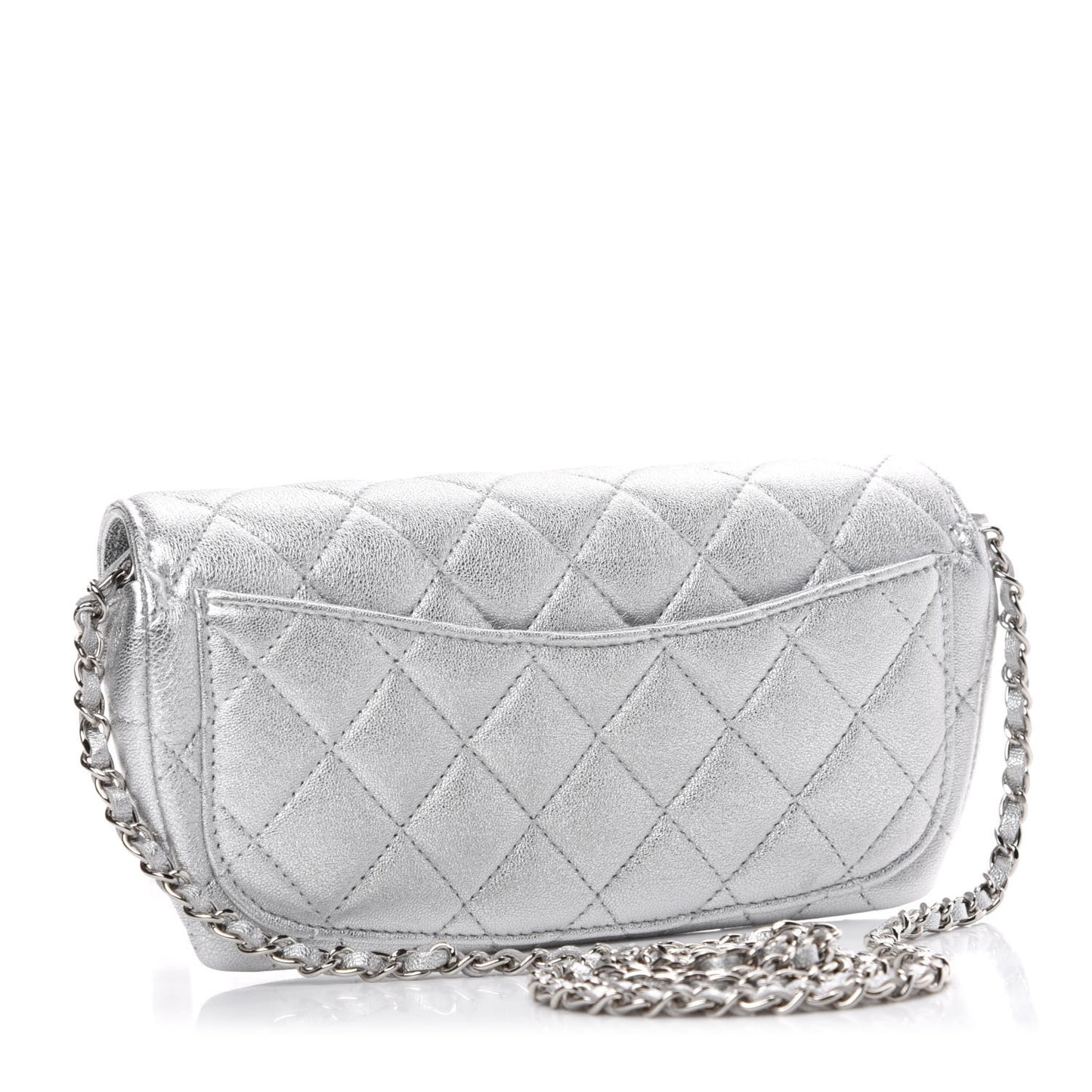 Metallic Lambskin Quilted Glasses Case With Chain Silver