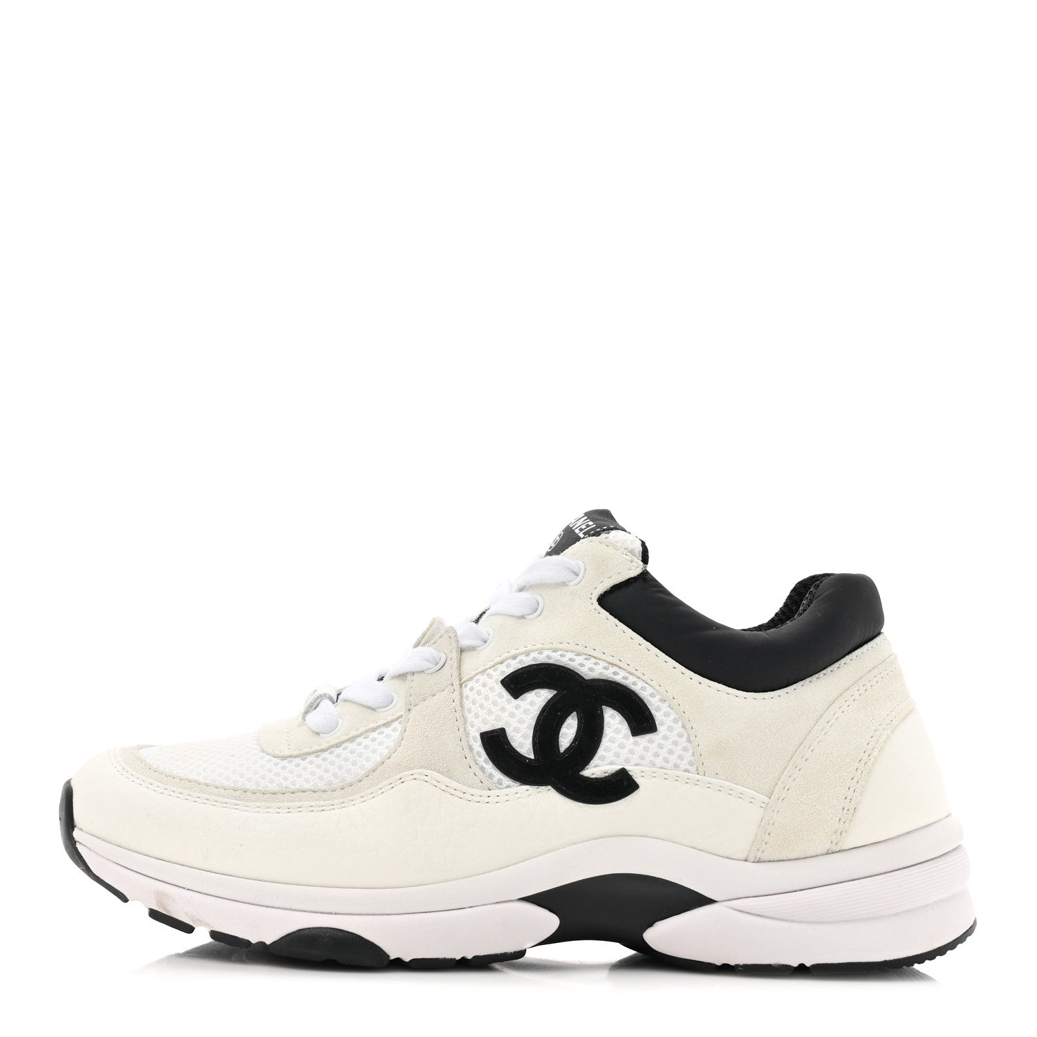 Chanel Mesh Suede Calfskin Grained Calfskin Womens CC Sneakers 37 White Black 1 of 11