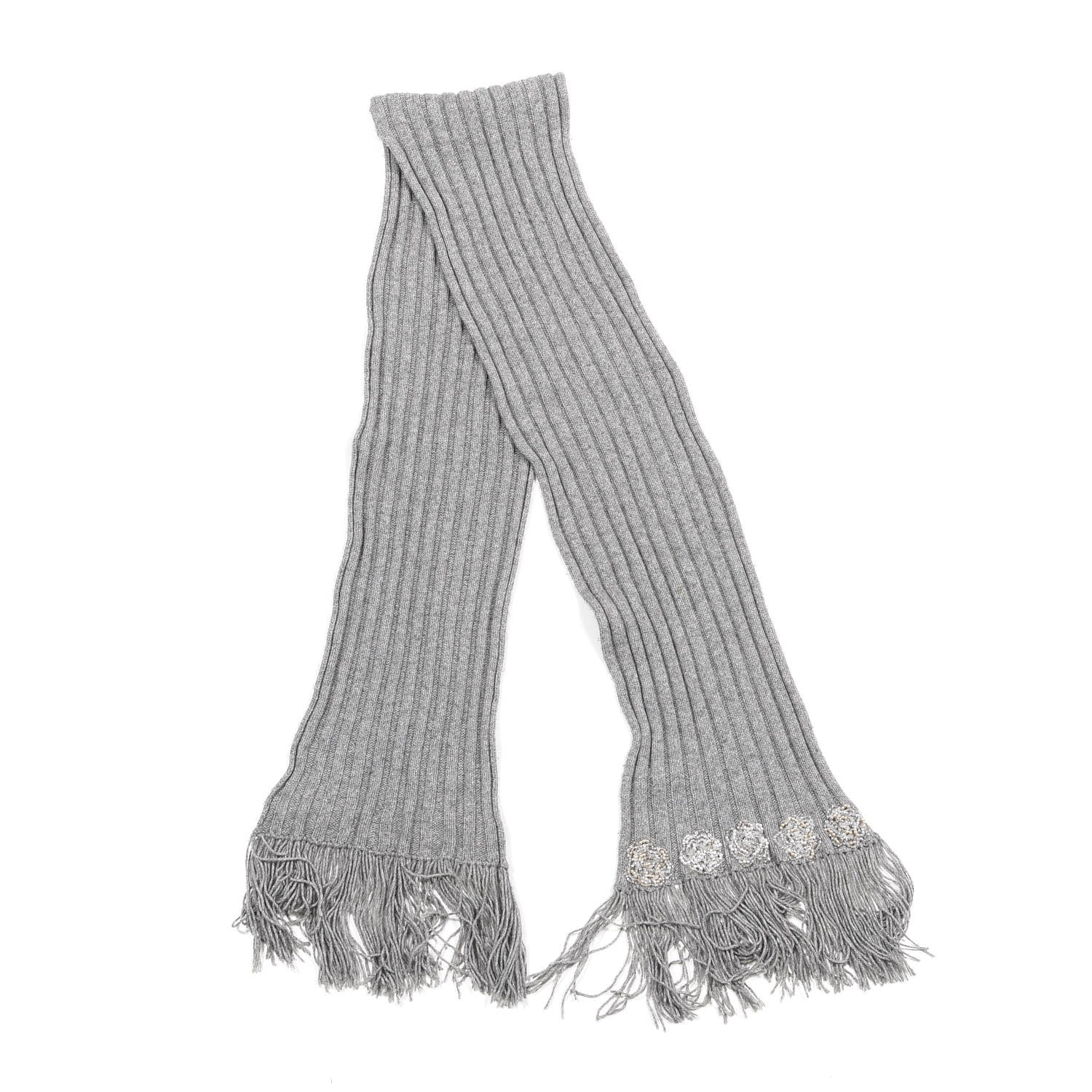 Chanel Cashmere Camellia Fringe Scarf Grey 2 of 8