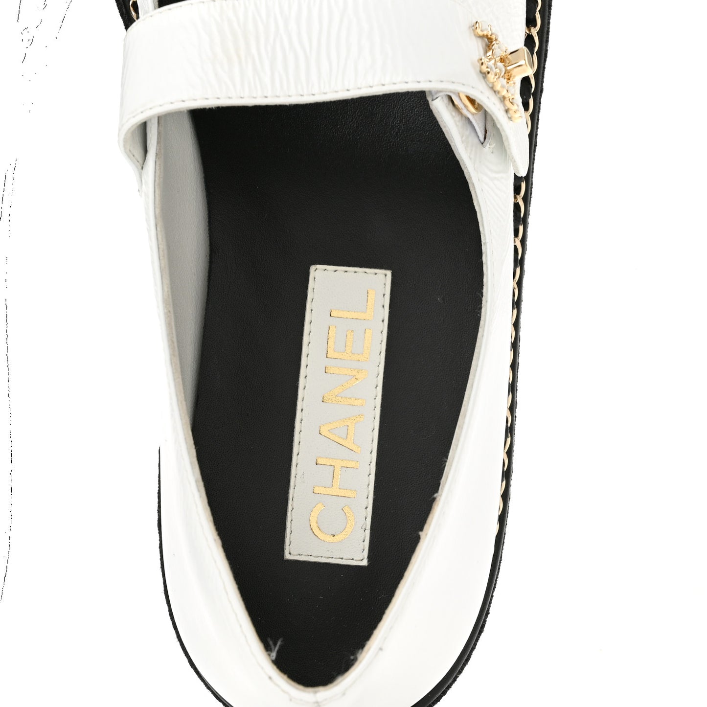 Crumpled Lambskin Cap Toe Chain CC Turnlock Mary Jane Flats 40 White Black