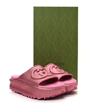 Gucci Glitter Rubber Womens Interlocking G Platform 42mm Slide Sandals 38 Rose 8 of 8