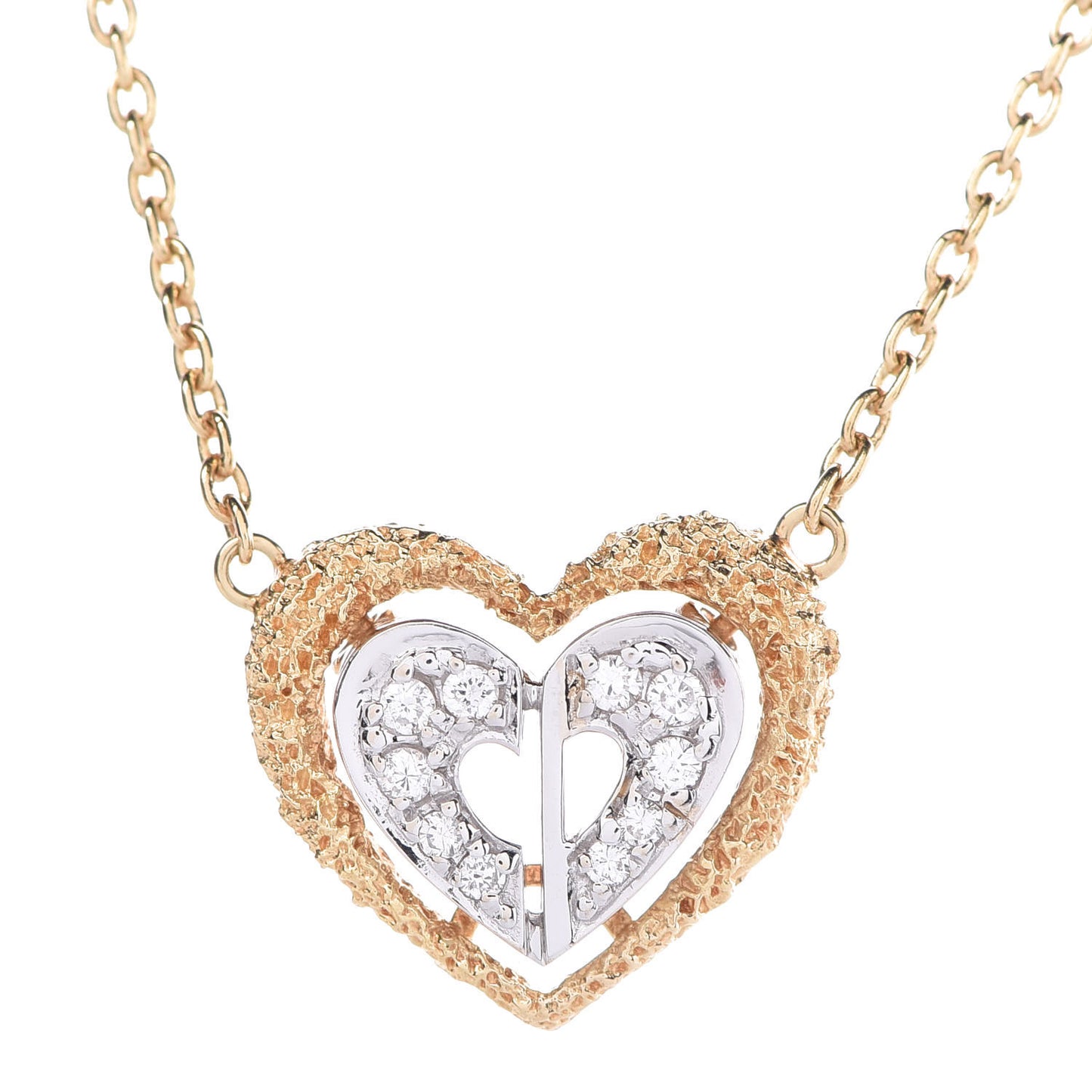 18K Yellow White Gold Diamond Double Heart Necklace
